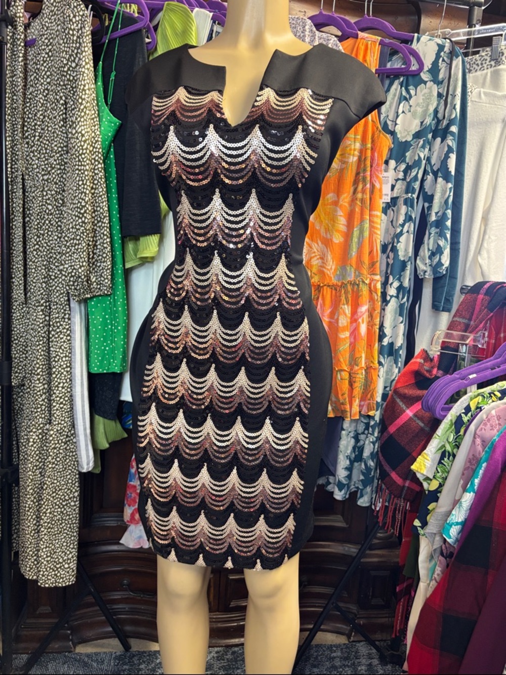 connected apparel Black Mini Dress with Rose Gold & Silver Sequin Waves